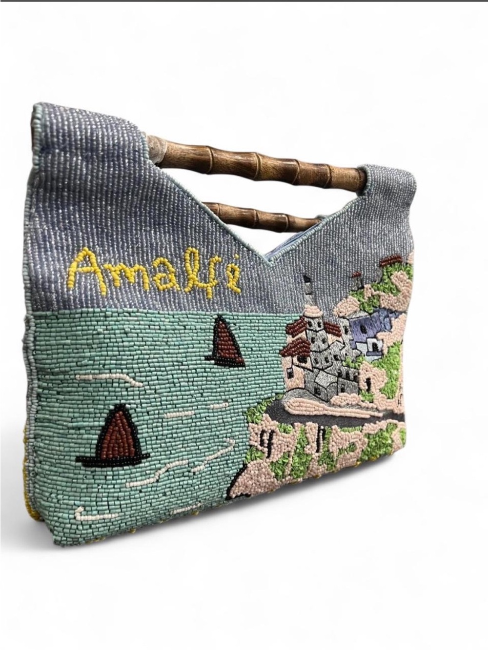 Made in India Amalfi Coast Beaded clutch with Bamboo Handle - Picture 2 of 6